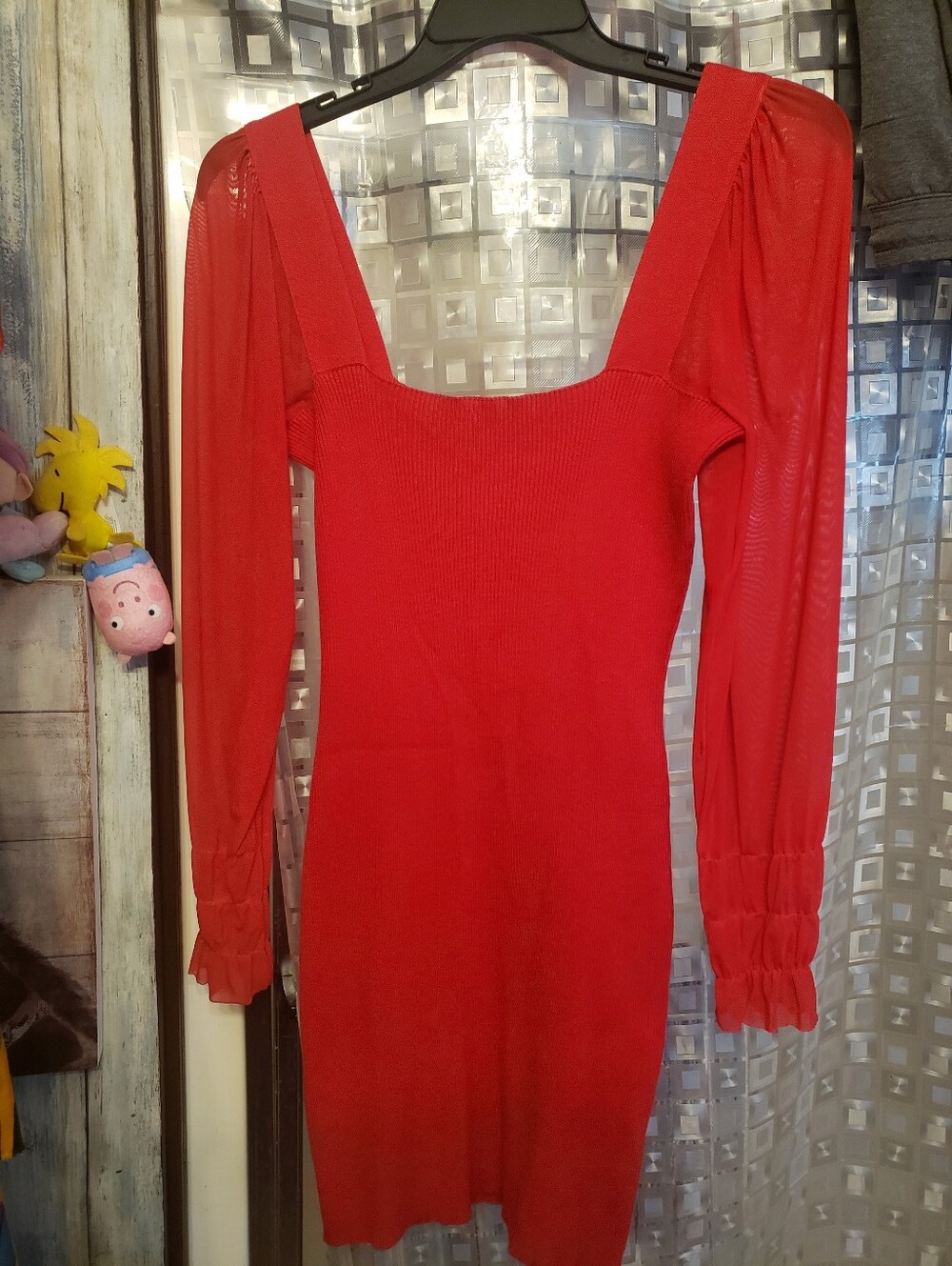 Always Red Square-Neck Bodycon Dress with Sheer Long Sleeves